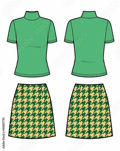 Women's clothing look. Turtleneck short sleeves and skirt colored sketch
