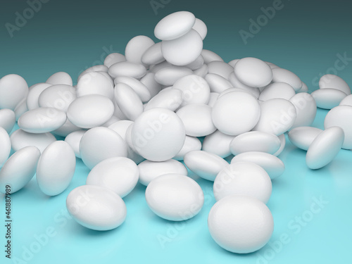 A bunch of white oval dragees on a blue background. 3D render. A handful of pharmaceuticals scattered on the table.