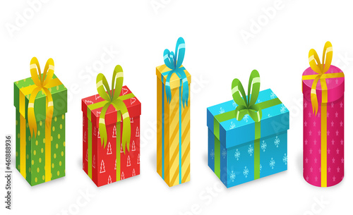 Cartoon gift box. Christmas presents, gifting boxes and present winter holidays gifts. Secret boxing with surprises vector set