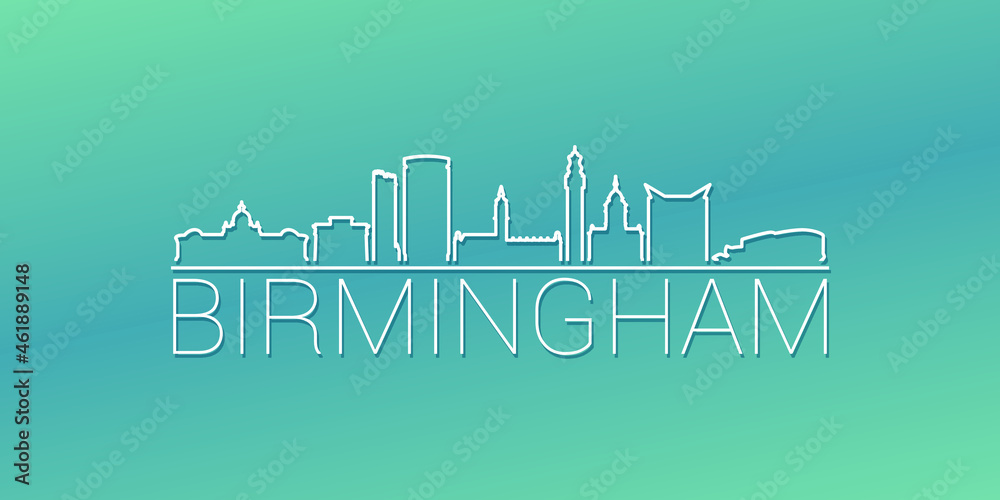 Birmingham, UK Skyline Linear Design. Flat City Illustration Minimal Clip Art. Background Gradient Travel Vector Icon.