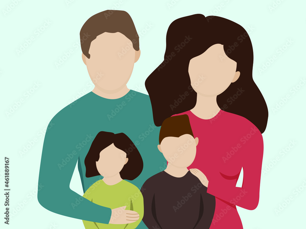 a traditional family with two children. Love between a man and a woman. Parents with two children