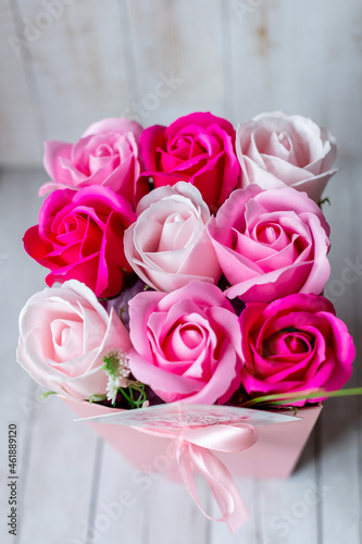 bouquet of pink roses in a box