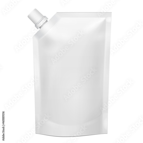 Mockup White Blank Doy Pack, Doypack Foil Food Or Drink Bag Packaging With Corner Spout Lid. Illustration Isolated On White Background. Mock Up Template.