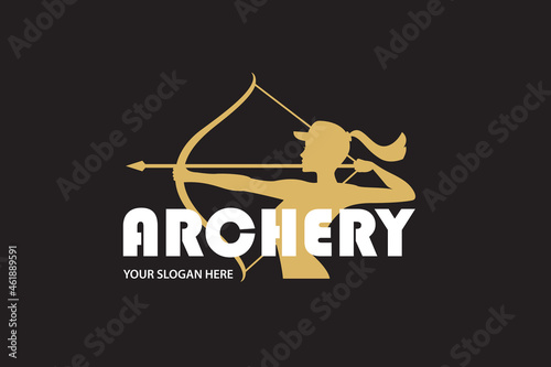 emblem of archering girl with bow and arrow isolated on black background