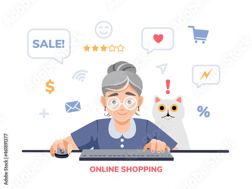 A happy excited old, elderly woman, retired, grandmother is shopping online on the computer, laptop with a surprised pet, cat. Cute colorful flat vector cartoon illustration 
