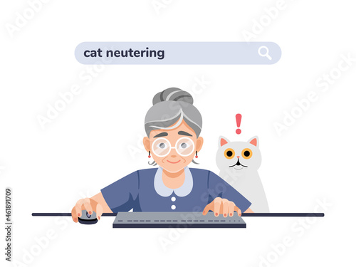 Old, elderly woman, grandmother at the computer is looking for information about cat neutering, castration. The cat is surprised and scared. Colorful vector illustration about animal neutering