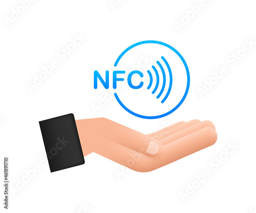 Contactless wireless pay sign in hands logo. NFC technology. Vector stock illustration.
