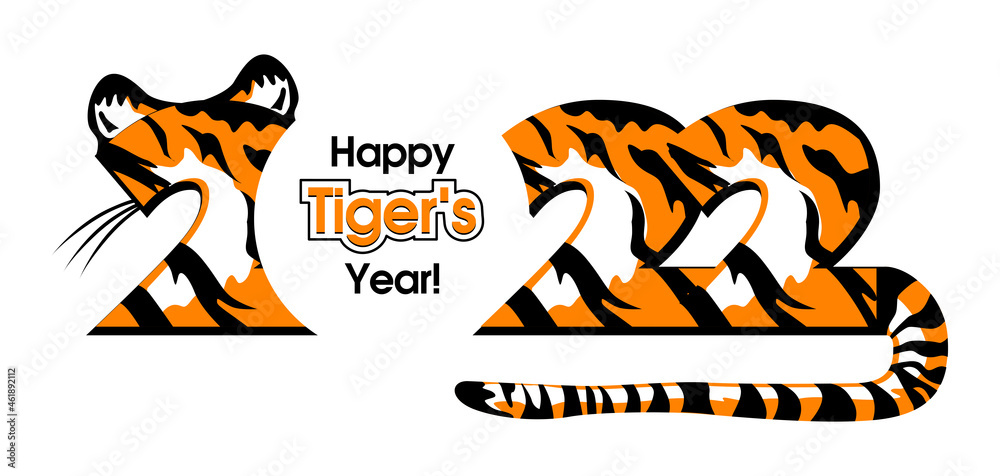 Happy New Year of the Tiger 2022. Creative lettering design 2022 in the form of striped tiger skin with tail and ears. Vector template for greeting card, invitation. 