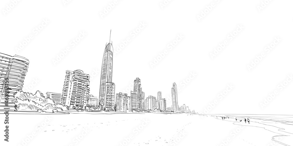 Naklejka premium Surfers Paradise. Queensland. Australia. Hand drawn vector illustration. 