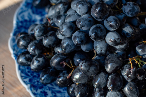 Dark juicy slightly moistened grapes on a plate