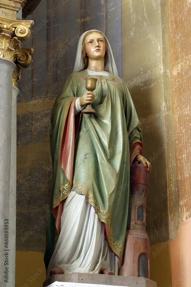 Saint Barbara, statue on the altar of Saints Fabian and Sebastian in the church of the Assumption of the Virgin Mary in Zlatar, Croatia