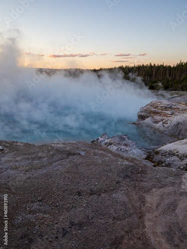 Midway Geyser Basin at sunset, Yellowstone National Park Wyoming. Golden hours.