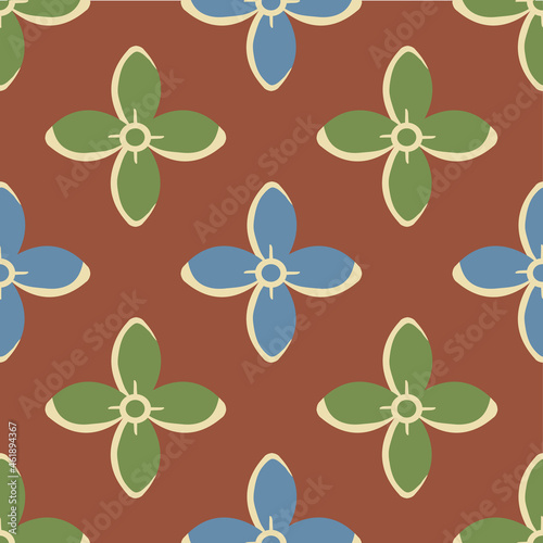 Simple medieval style stylized flowers vector pattern background. Hand drawn blue green floral motifs on brown backdrop. Geometric historical repeat. Natural botanical all over print for packaging