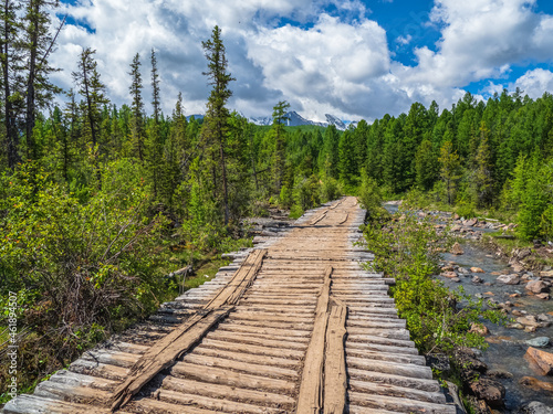 An old empty wooden bridge over a mountain river on the background of glaciers, coniferous forest and mountains.