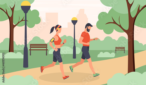 Jogging in city park concept. Man and woman engaged in outdoor sport. Cardio training in forest. Healthy lifestyle. Characters run around. Cartoon flat vector illustration isolated on white background