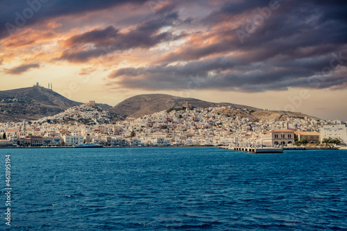 Panoramic view of famous Ermoupoli city capital of Syros island summer destination Greece.