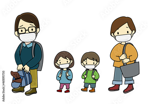 マスクを着けてキャリーに入れたペットと避難する家族のイラスト