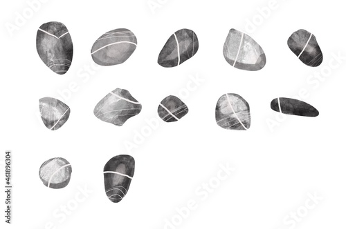 Watercolor set of stones. Gray stones with white stripes. Treasures of the coast