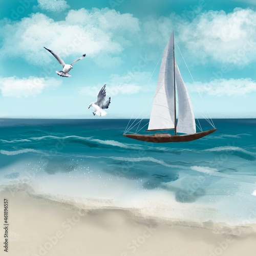 Illustration of a sailing yacht against the background of the ocean. Seascape