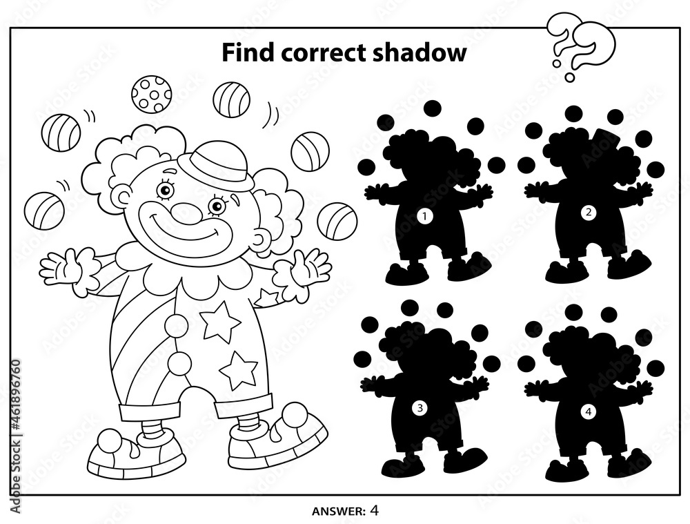 Puzzle Game for kids. Find correct shadow. Coloring Page Outline of cartoon circus clown with colorful balls. Coloring book for children.