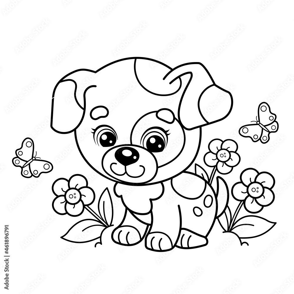 Coloring Page Outline Of cartoon little dog on flower clearing. Cute