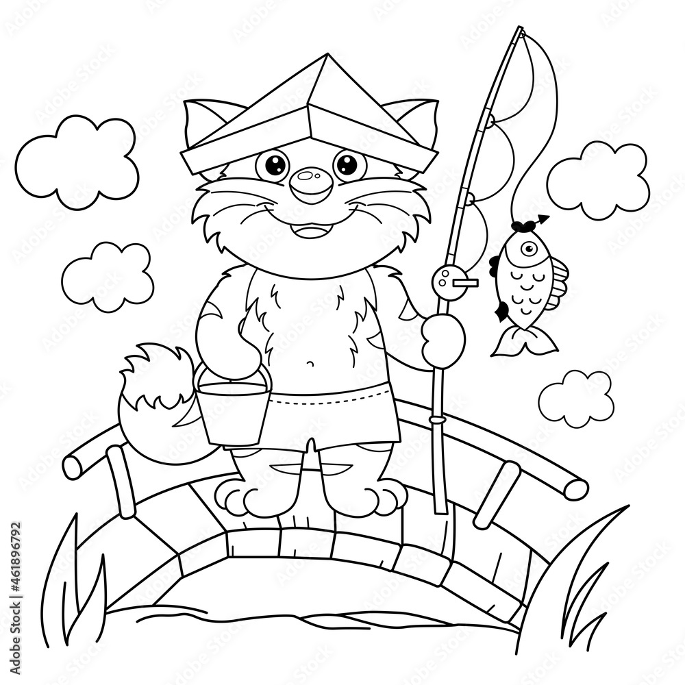 Coloring Page Outline of cartoon cat with fishing rod. Cheerful fisher or  fisherman with fish. Coloring Book for kids. Stock Vector