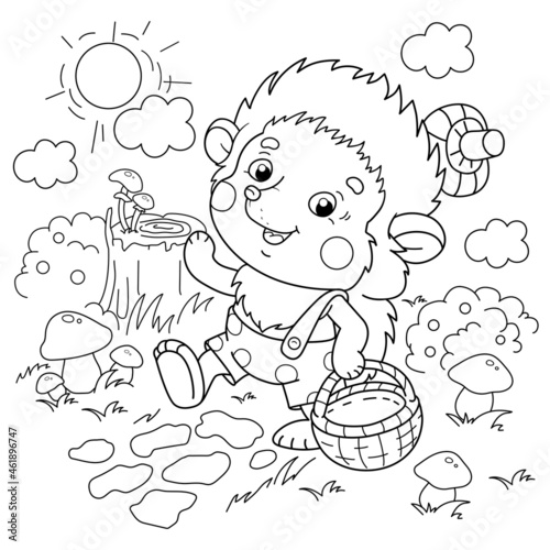 Coloring Page Outline Of cartoon little hedgehog with a basket for mushrooms in the forest. Coloring Book for kids.