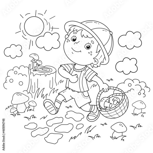 Coloring Page Outline Of cartoon little boy with a basket for mushrooms in the forest. Coloring Book for kids.