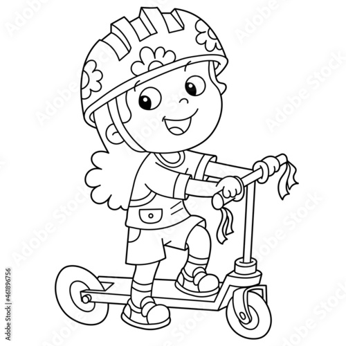 Coloring Page Outline Of cartoon girl on the scooter. Coloring book for kids