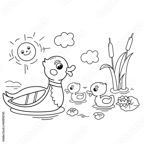 Coloring Page Outline of cartoon duck with ducklings on the pond. Farm animals. Coloring book for kids.