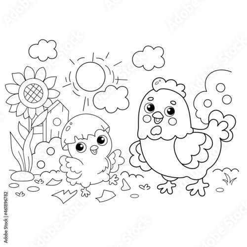 Coloring Page Outline of cartoon chicken or hen with newborn chick. Nestling with egg. Coloring book for kids.