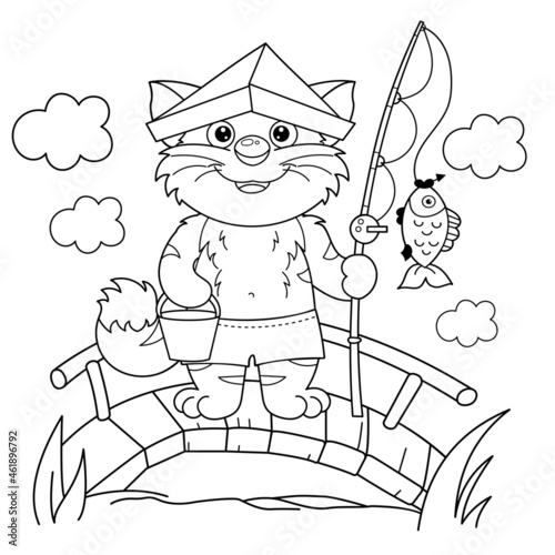 Coloring Page Outline of cartoon cat with fishing rod. Cheerful fisher or fisherman with fish. Coloring Book for kids.