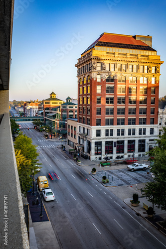 A view towards traffic on main street of mid western city of Lexington, Kentucky USA during early morning hours