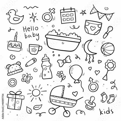 Hand drawn set baby and newborn doodle. Sketch style. Baby stroller, diaper, dummy, rattle, milk bottle, ball. Vector illustration.