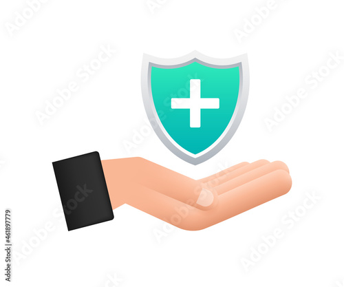 Health insurance. Hands holding insurance sign. Medical protection, medical insurance concepts. Flat design. Vector stock illustration.