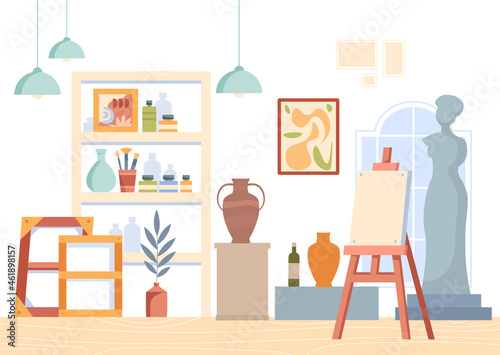 Art studio concept. Modern classroom with easels, sculptures, canvases, tools and brushes. Workspace for creativity. Cartoon contemporary flat vector illustration isolated on light background