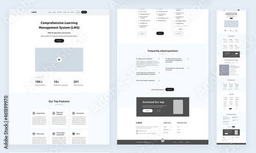 One-page website design template for LMS landing page wireframe. Learning management system UI Template. Modern responsive UI design. website: Home, fun face, top features, cta, testimonials