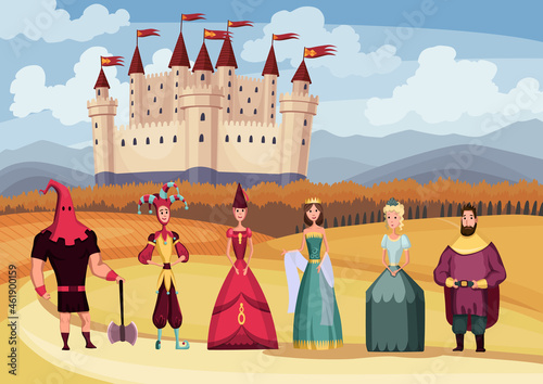 Medieval king and queen, jester, executioner on fairytale medieval castle background. Cartoon middle ages historic period. Medieval kingdom characters standing in costumes