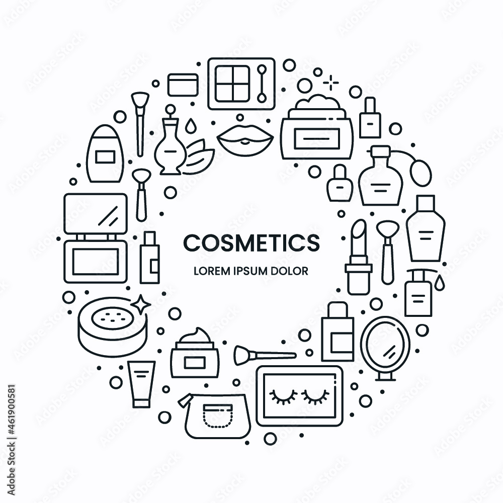 Vector circle of cosmetics icons isolated on white. Beauty care and make up symbols in thin line style