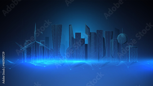 Urban architecture, cityscape with structure lines. Low polygon line, triangles, and particle style design. Abstract geometric wireframe light connection structure. Vector illustration