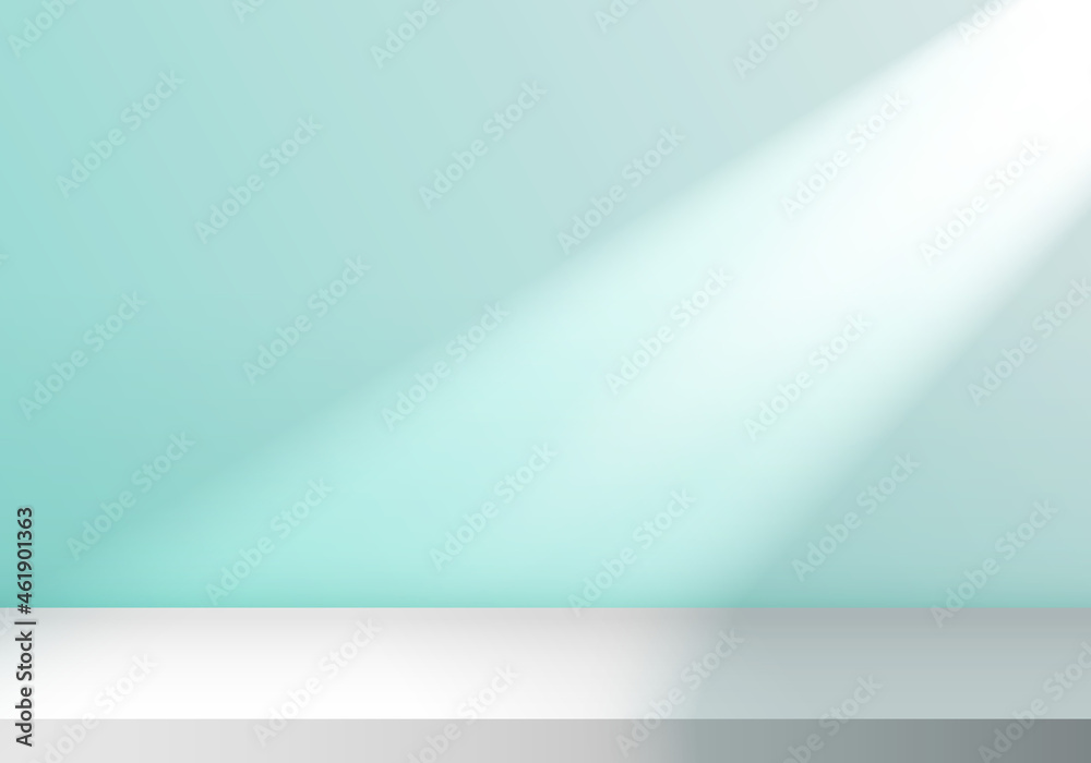3D empty studio room with light shines from the window on stage soft blue minimal scene background 3D empty studio room with light shines from the window on stage soft blue minimal scene background