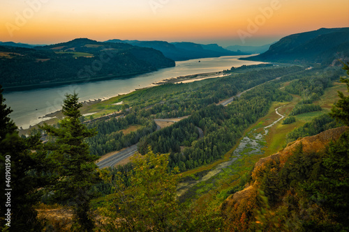 Columbia river and surrounding hills from Vista Point at sunset in summer © kbose