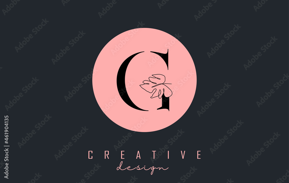G letter logo design with Monstera leaf one line drawing on a pink circle background vector illustration. G letter logo design with Monstera leaf one line drawing on a pink circle background vector illustration.