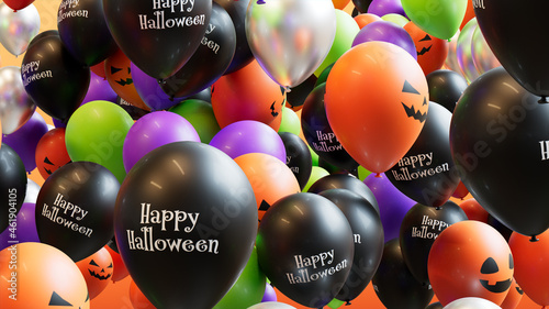 Balloons with Halloween themed designs, in Orange, Black, Green and Purple.