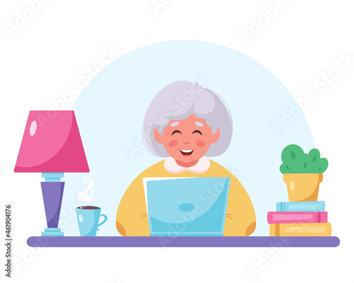 Grandma sitting with laptop. Old woman using computer. Modern technology and old people. Vector illustration