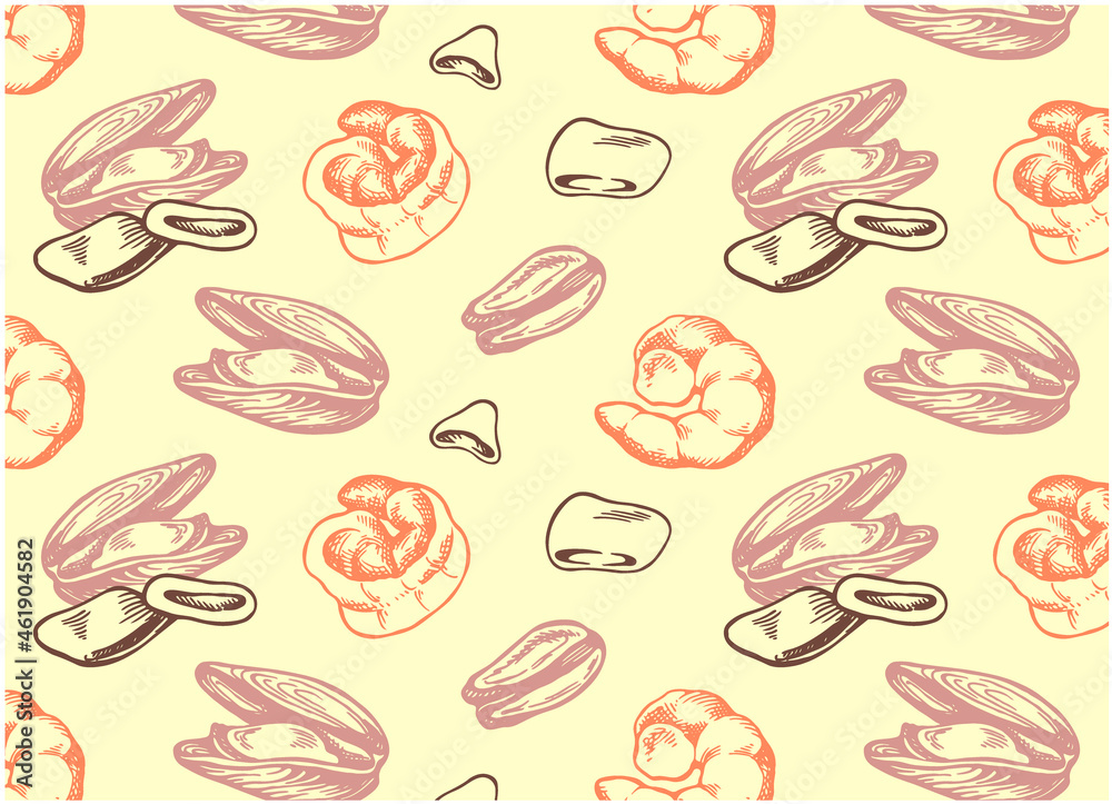 Sketch drawing pattern with colorful seafood, marine life background. Engraved hand drawn shrimp, prawn, clams, squid. Sketch drawing pattern with colorful seafood, marine life background. Engraved hand drawn shrimp, prawn, clams, squid.