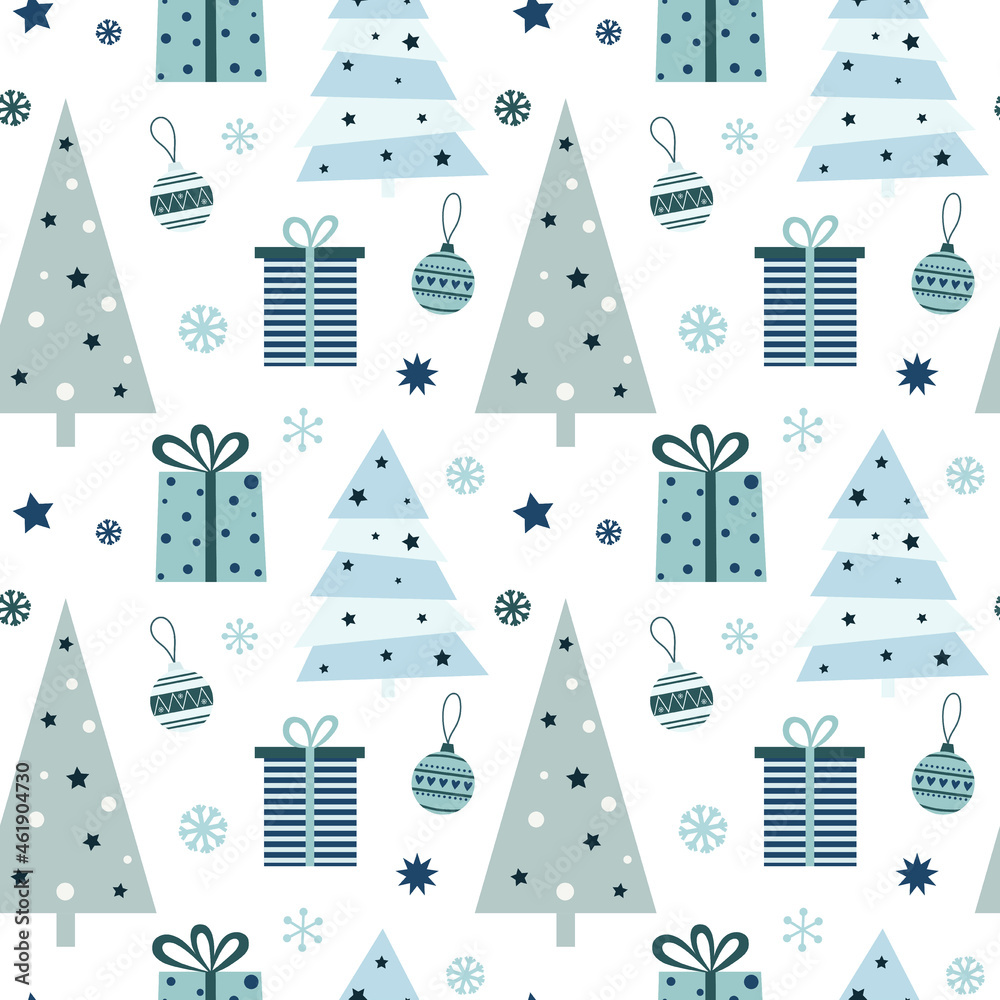 Christmas seamless pattern with gifts, christmas tree, ball and snowflakes.