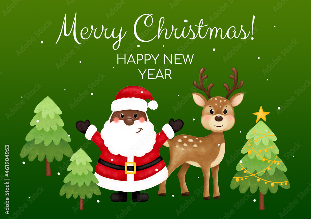 Merry christmas and happy new year greeting card. Black santa, deer, trees, stars, snow. African American Santa. Format A5