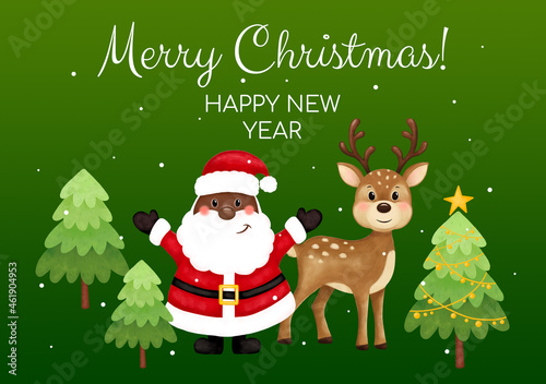 Merry christmas and happy new year greeting card. Black santa  deer  trees  stars  snow. African American Santa. Format A5