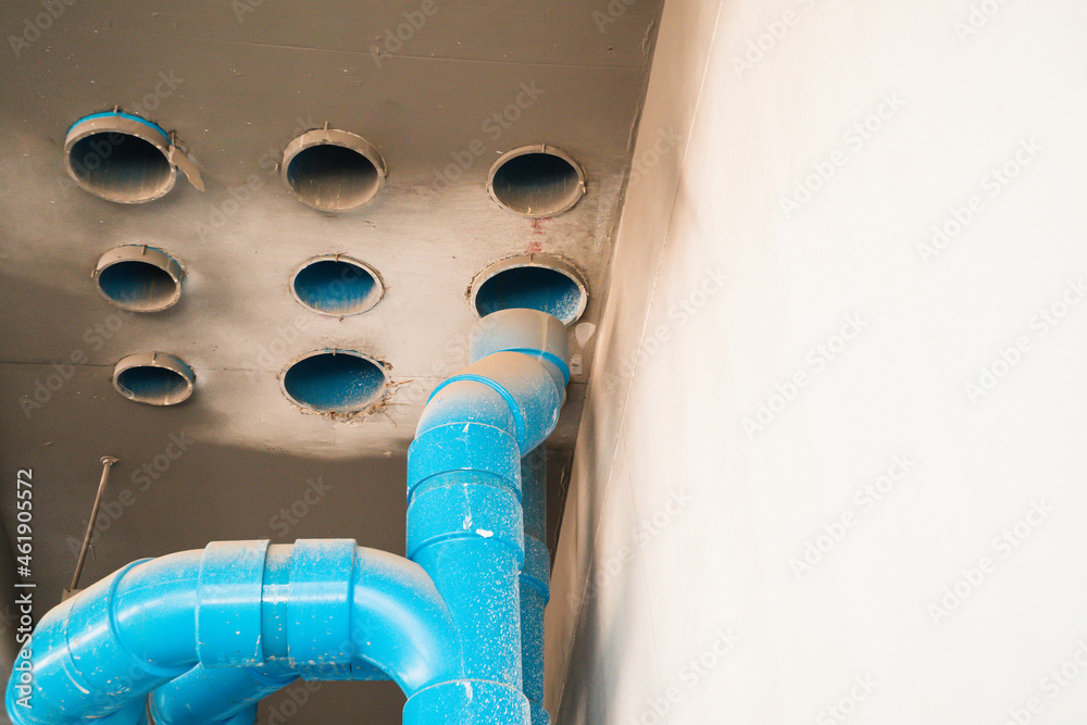 The location of the plumbing connection point is the large blue PVC pipe of the high-rise building, The plumbing system uses blue PVC pipes to connect to each other. The location of the plumbing connection point is the large blue PVC pipe of the high-rise building, The plumbing system uses blue PVC pipes to connect to each other.